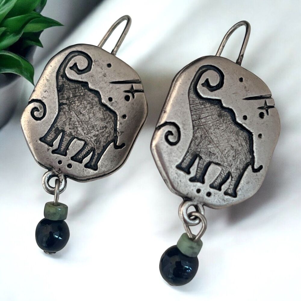 Vintage 1990s Elephant Earrings Dangle Bead Antique Silver Tone Pierced - 9W